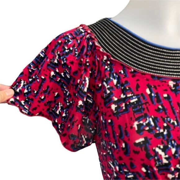 BCBGMAXAZRIA RED FLOWY CASUAL DRESS SCOOP NECK ABSTRACT WATERCOLOR PRINT SZ S - Picture 6 of 9